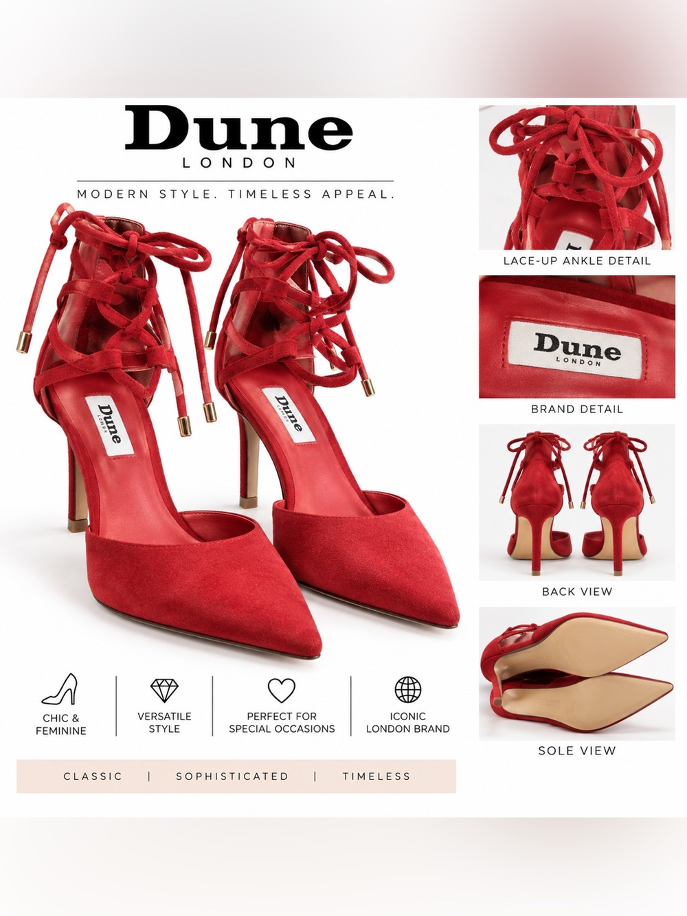 Dune London Red Suede Lace-Up Pointed Toe Stilettos